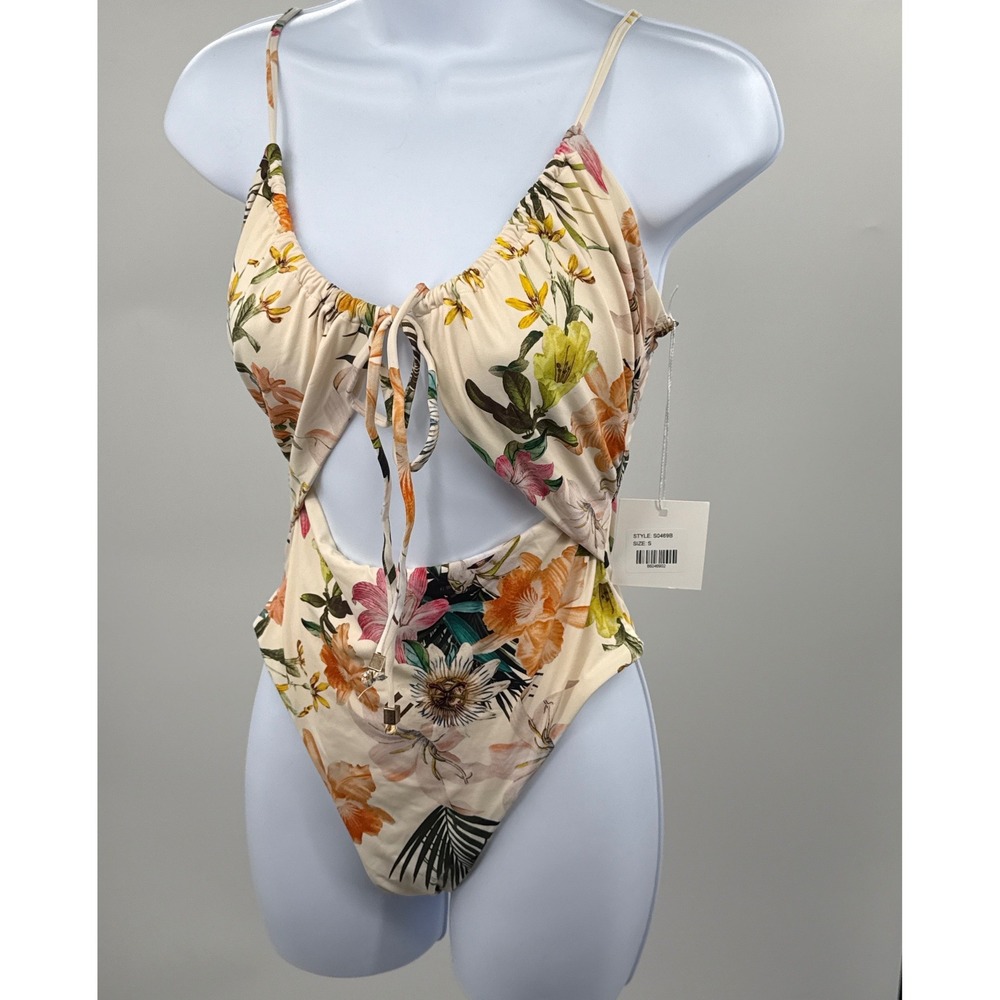 ENVYA Women Cream Floral Cutout Monokini One Piece Swimsuit S0469B Small NWT